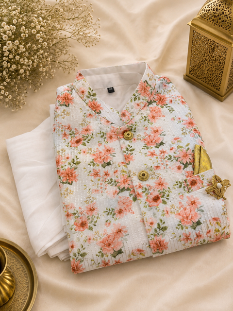 White colour pure linen based kurta with White pants and Silk based white colour all over embroidery with floral print work jacket (slight variation in color and design is possible)