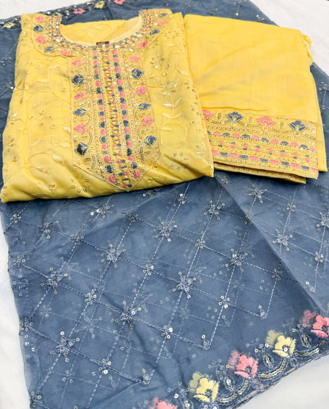 Cotton Silk based embroidery work designer kameez with embroidery design plazo pants and georgette based embroidery jaal dupatta