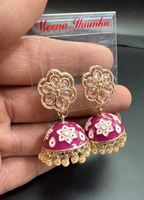 Small size Polki Stone With Pearls Work Beautiful Meenakari Jhumka