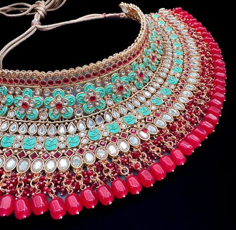 (video clip attached)Mint & Red color Original Kundan Polki stones with Meenkari & Pearls work Bridal necklace with beautiful Jhumka, tikka  , 2 Rings and Nath NOTE:- original Kundan Polki stones not fake plastic stones)
