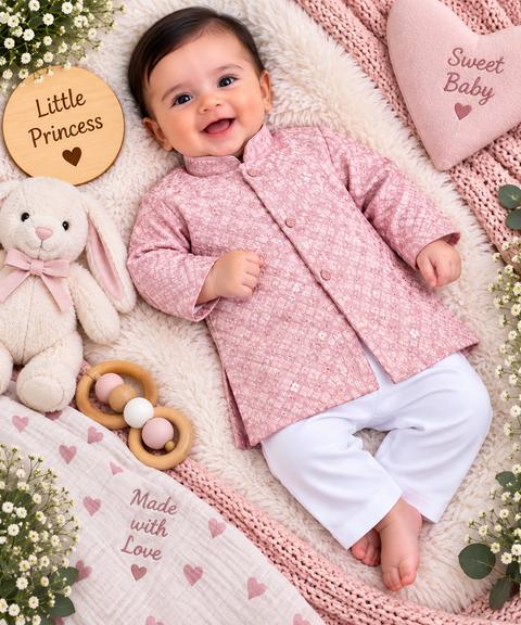 Soft Rayon chikankri sequin based Newborn Kurta Pajama Set with soft inner lining, easy front-open kurta & matching elasticated pajama for comfortable wear.Kurta L 35 cm,Chest 25 cm,Sleeve24 cm,Pajama L 33 cm.Slight variation in colour & design may occur