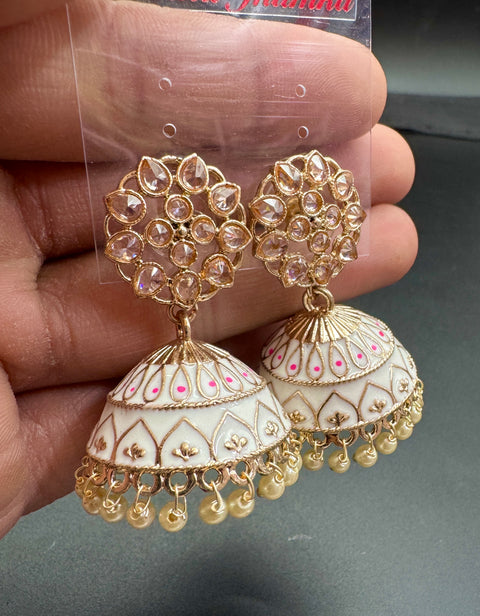 Polki Stone With Pearls Work Beautiful Meenakari Jhumka