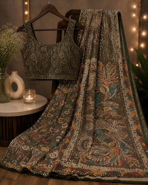 Heavy all-over sequin saree paired with a beautifully handcrafted designer blouse, offering a premium festive look with a graceful drape and elegant fall (slight variation in color and design is possible)blouse size 38-40