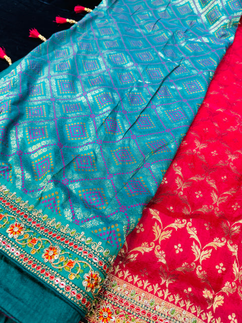 (Video clip attached ) Pink & Teal color Embroidery work beautiful border Very very soft Pure brocade Banarasi Beautiful Saree with contrast blouse