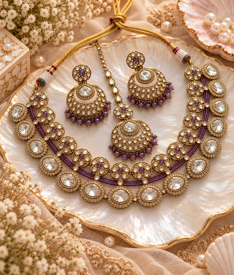 Original Crystal polki stones with pearls and colorful stones necklace & earrings with Tikka. Slight variations in colour and design are possible
