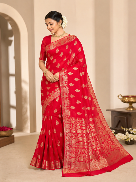 Very Soft Pure chiffon based Beautiful zari work Banarasi look Saree(Blouse Shown Is For Reference Only. The Blouse Piece Is Included With The Saree As Unstitched Fabric)(slight variation in color and design is possible )