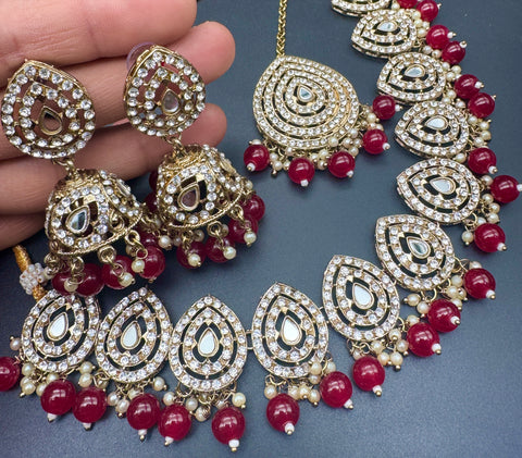 Jerkan stone with pearls beaded work beautiful necklace with jhumka and tikka set
