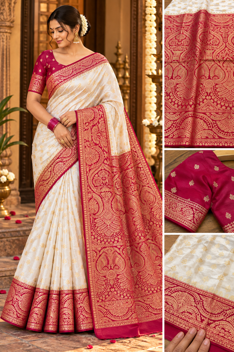 Soft & glossy crepe silk saree with a smooth, lightweight feel and beautifully flowy drape. Featuring rich woven zari floral motifs and an elegant detailed border .Blouse piece included. Slight variation in colour and design is possible.