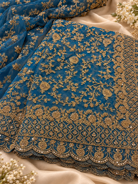 Elegant net saree featuring intricate all-over embroidery with beautiful stone work and a richly detailed border.Comes with an attached blouse piece,the blouse worn by the model is for reference only. Slight variation in colour & design may occur