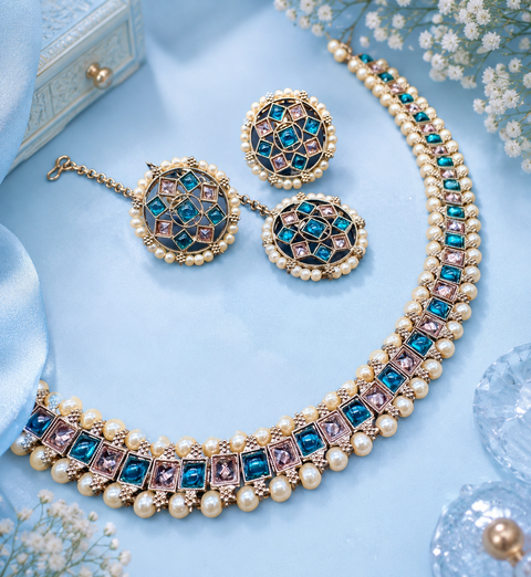 Polki And Pearls Work Beautiful Necklace Set With studs & Tikka