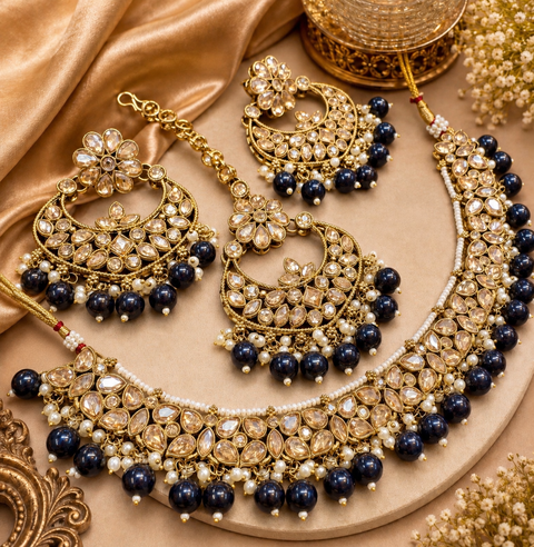 Original Polki Stone With Pearls Beaded Work Beautiful Necklace With Earrings And Tikka Set