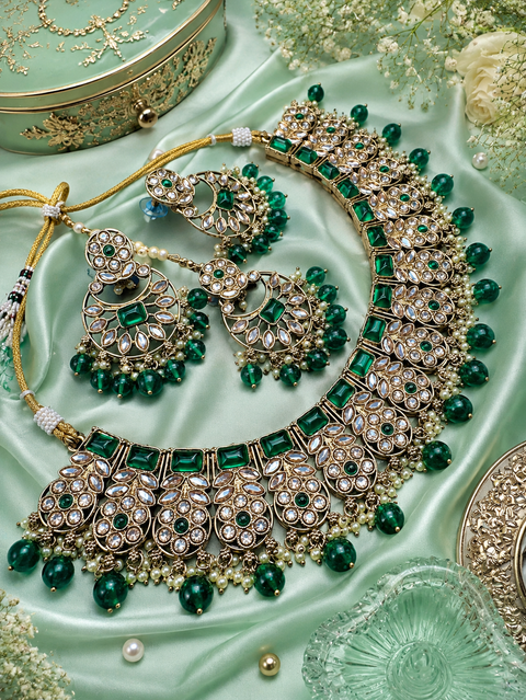 Original Polki stone with pearls beaded work beautiful necklace with jhumka and tikka set