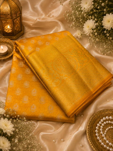 Premium soft Silk Saree with rich zari weaving and contrast woven pallu. featuring elegant dual-tone shades.Model-worn blouse is for reference only. Unstitched blouse piece is attached with saree(slight variation in color & design is possible)