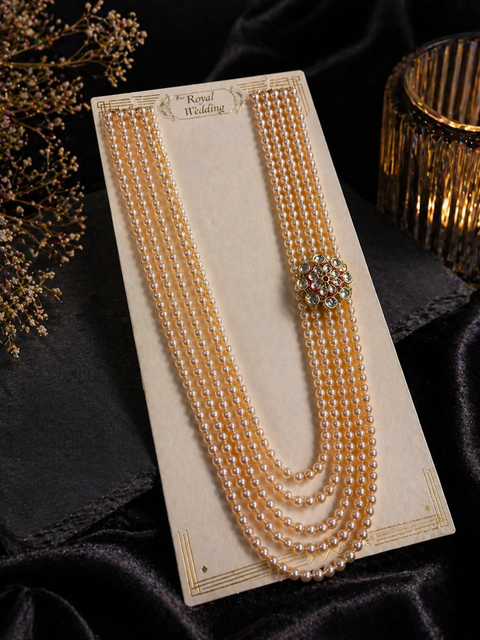 Golden color Elegant multi-layer pearl groom mala with a colorful kundan brooch — perfect for a royal wedding look(slight variation in color and design is possible)