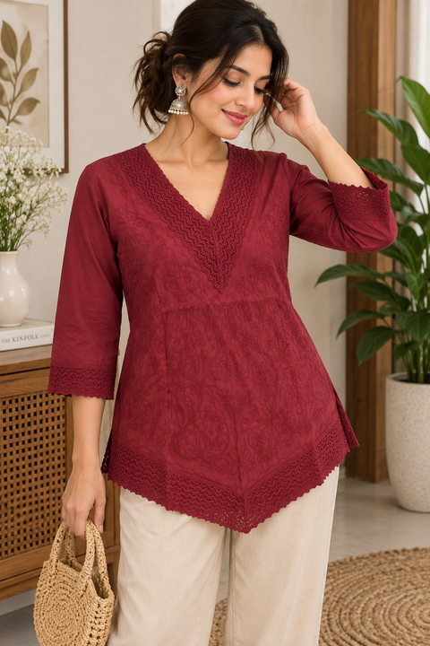 Maroon color Lucknowi Chikankari Short Kurti – Beautiful loose-fit short kurti with delicate Chikankari embroidery and lace detailing. Comfortable, elegant and easy to wear.Slight variation in design is possible.