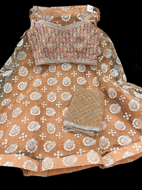 Stones and mirror work designer Blouse with netting shimmer work  design heavy flared lehnga and netting dupatta
