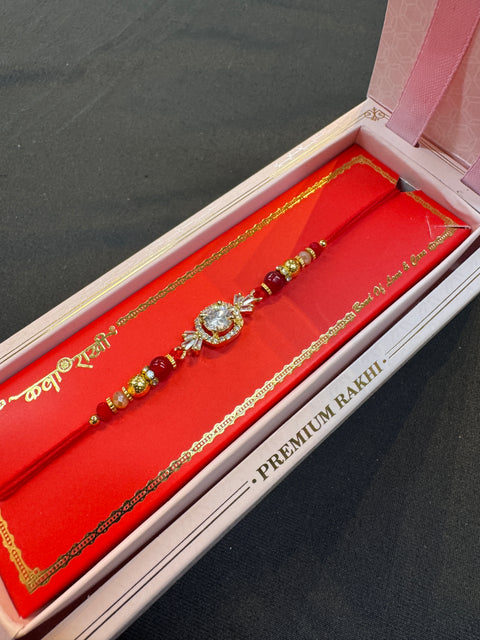 (Clip attached)  Beautiful Stone Work Rakhi in nice pack gift box
