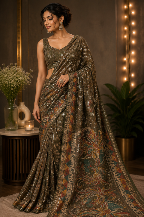 Heavy all-over sequin saree paired with a beautifully handcrafted designer blouse, offering a premium festive look with a graceful drape and elegant fall (slight variation in color and design is possible)blouse size 38-40
