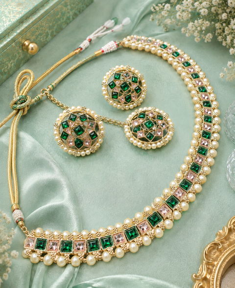 Polki And Pearls Work Beautiful Necklace Set With studs & Tikka