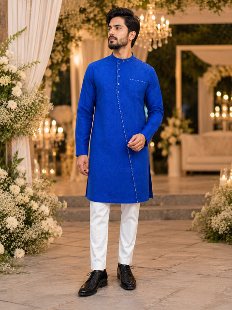 Royal  blue colour cotton silk design designer kurta with pajama pents (slight variation in color and design is possible )