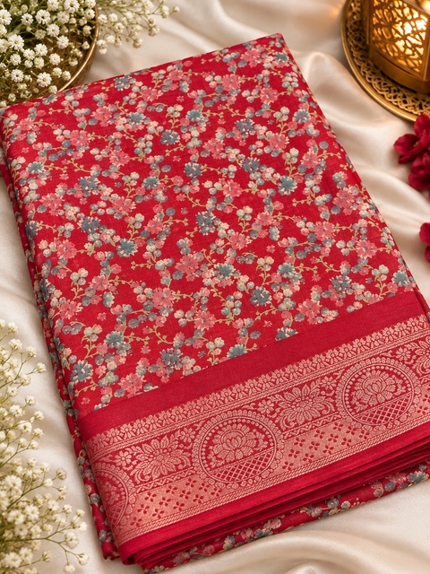 Soft Georgette Printed Saree – Lightweight and flowy with elegant all-over print and border. Matching blouse piece attached; model blouse is for reference only. Slight variation in colour/design is possible.