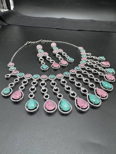 Pastel Mint & Pink crystals American Diamond beautiful necklace set with crystal American diamonds