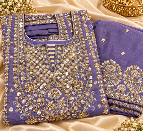 Lavender purple soft Georgette Silk outfit featuring exquisite handwork embroidery all over the kameez, matching loose circular palazzo with handwork detailing, and a beautiful golden-bordered dupatta.Slight variation in colour and design is possible.