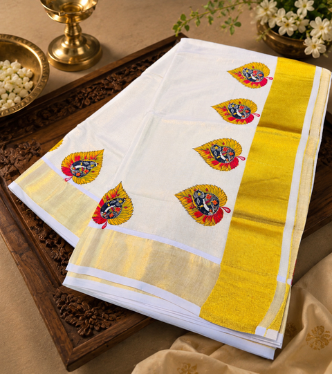 Elegant Kerala Style Gold Tissue Saree featuring a traditional golden border and vibrant motifs, (Comes With An Unstitched Running Blouse Piece Attached To The Saree (Slight Variation In Color And Design is possible)
