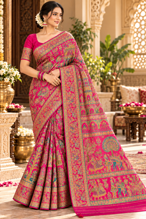 Elegant Soft Silk Saree featuring intricate Kalamkari-inspired traditional motifs and a richly detailed statement border. Beautifully soft, graceful saree.Blouse piece included. Slight variation in colour/design may occur