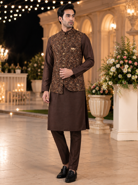 Brocade silk designer jacket with plain kurta and pants (slight variation in color & design is possible )