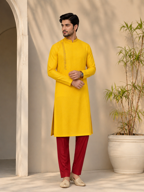 Yellow colour cotton silk design designer kurta with pajama pants (slight variation in color and design is possible )