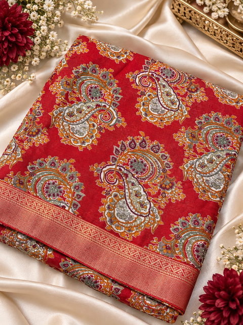 Soft Georgette Printed Saree – Lightweight and flowy with elegant all-over print and border. Matching blouse piece attached; model blouse is for reference only. Slight variation in colour/design is possible.