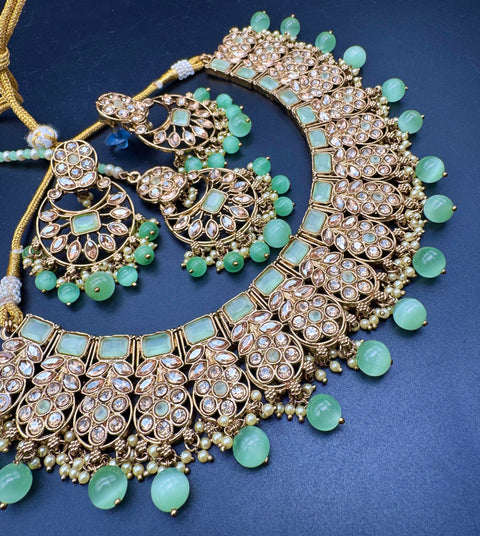 Original Polki stone with pearls beaded work beautiful necklace with jhumka and tikka set