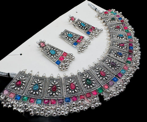 Multicoloured stones design Beautiful work oxidised Necklace with earrings