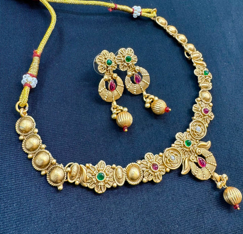 Mat look antique gold traditional necklace set with stones work