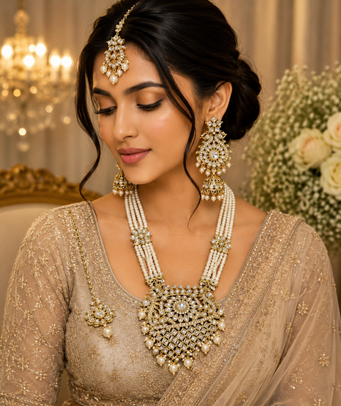 Pearls Work With Kundan Stone Beautiful Rani Haar /Long Necklace Set With Beautiful Earrings