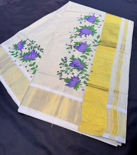 KERALA Gold Tissue SAREE WITH BEAUTIFUL FLORAL PRINT