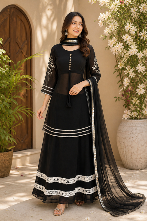 Size 40 Black colour georgette based short flared kurti with georgette skirt