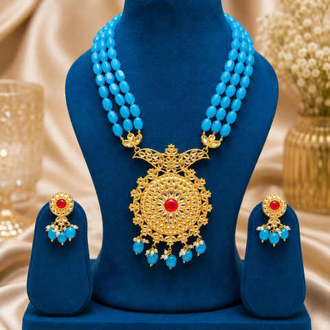 Firozi  colour beads work with kundan stone beautiful rani haar necklace set (slight variations in color and design is possible)