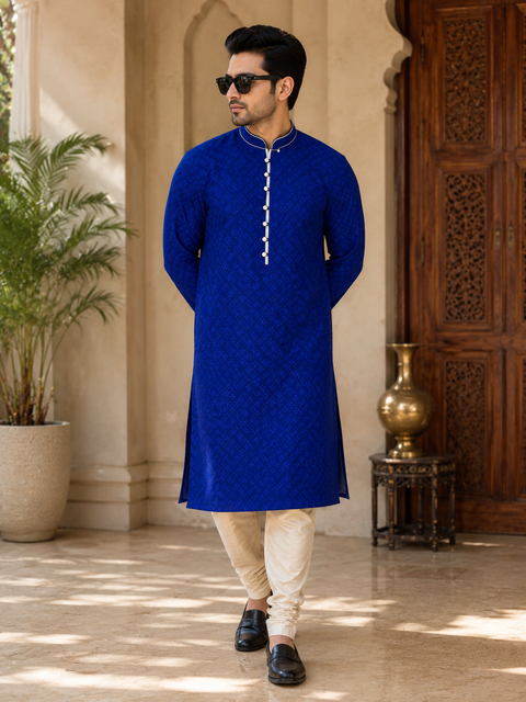 Royal  blue colour cotton silk design designer kurta with pajama pents (slight variation in color and design is possible )