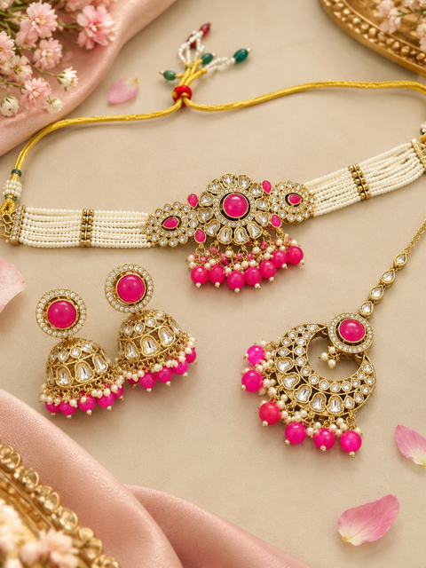 Beautiful Kundan stones with pearls and colorful stones choker necklace & Jhumka with Tikka. Slight variations in colour and design are possible.