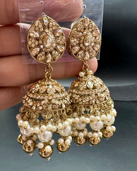 Beautiful polki stone  & Pearls work bigger jhumka (very lite weight)