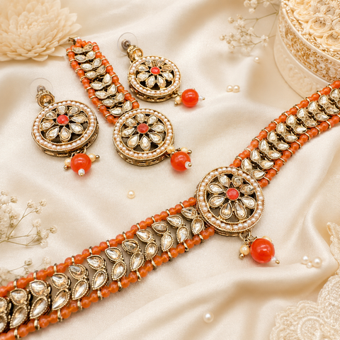 Beautiful pearls with stone beaded choker necklace with small studs and tikka