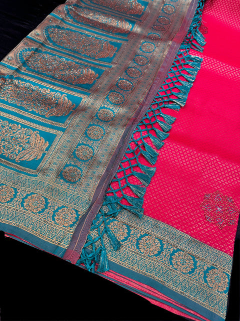 Pink color with teal contrast Beautiful soft Banarai silk Saree with stone work and designer contrast blouse