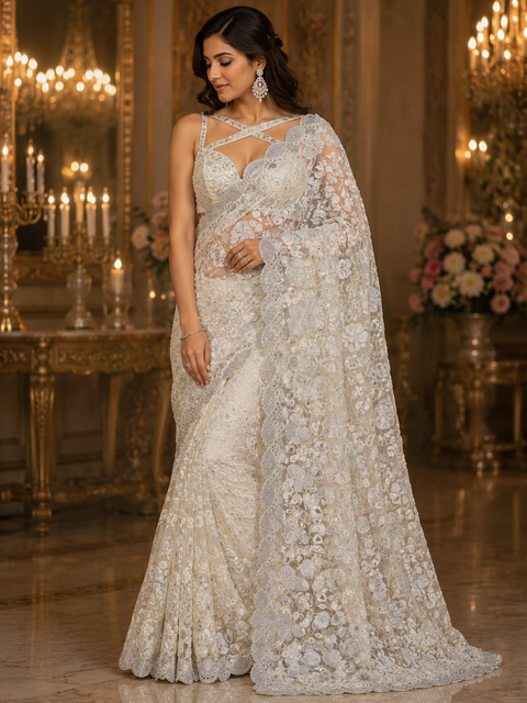 Bollywood style heavy work designer Saree with netting base fabric and stones with mirror work design all over with embroidery work (Blouse Piece Worn By Model Is For Reference Only, Blouse Piece Attached To Saree) Slight Variation In Color And Design)