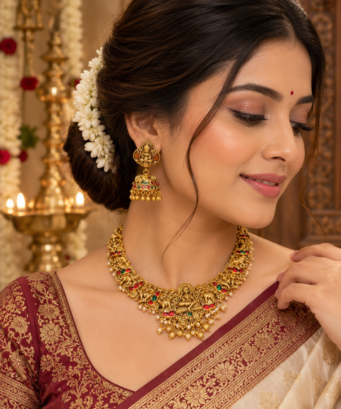 Elegant matte gold-finish Temple Jewellery Set Goddess Lakshmi  motif with beautifully detailed elephant designs and green Ruby stone accents. Comes with matching jhumka earrings(slight variation in color & design may occur)