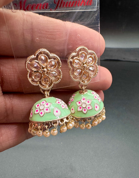 Small size Polki Stone With Pearls Work Beautiful Meenakari Jhumka