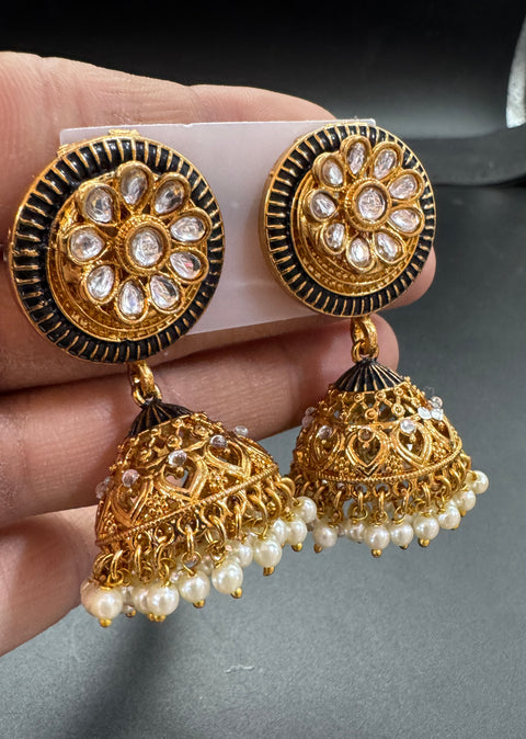 Kundan Stone With Pearls Work Beautiful Meenakari Jhumka
