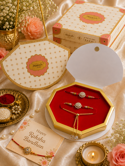 Beautiful Bhai-Bhabhi Rakhi Set featuring elegant stone work with delicate bead detailing and a stylish Bhabhi bracelet. Comes in a beautiful premium gift box, perfect for Raksha Bandhan.