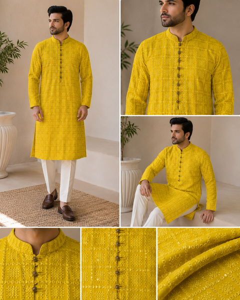 Georgette based Heavy embroidery with sequined work designer Kurta with white Pajama( slight variation in color and design is possible)